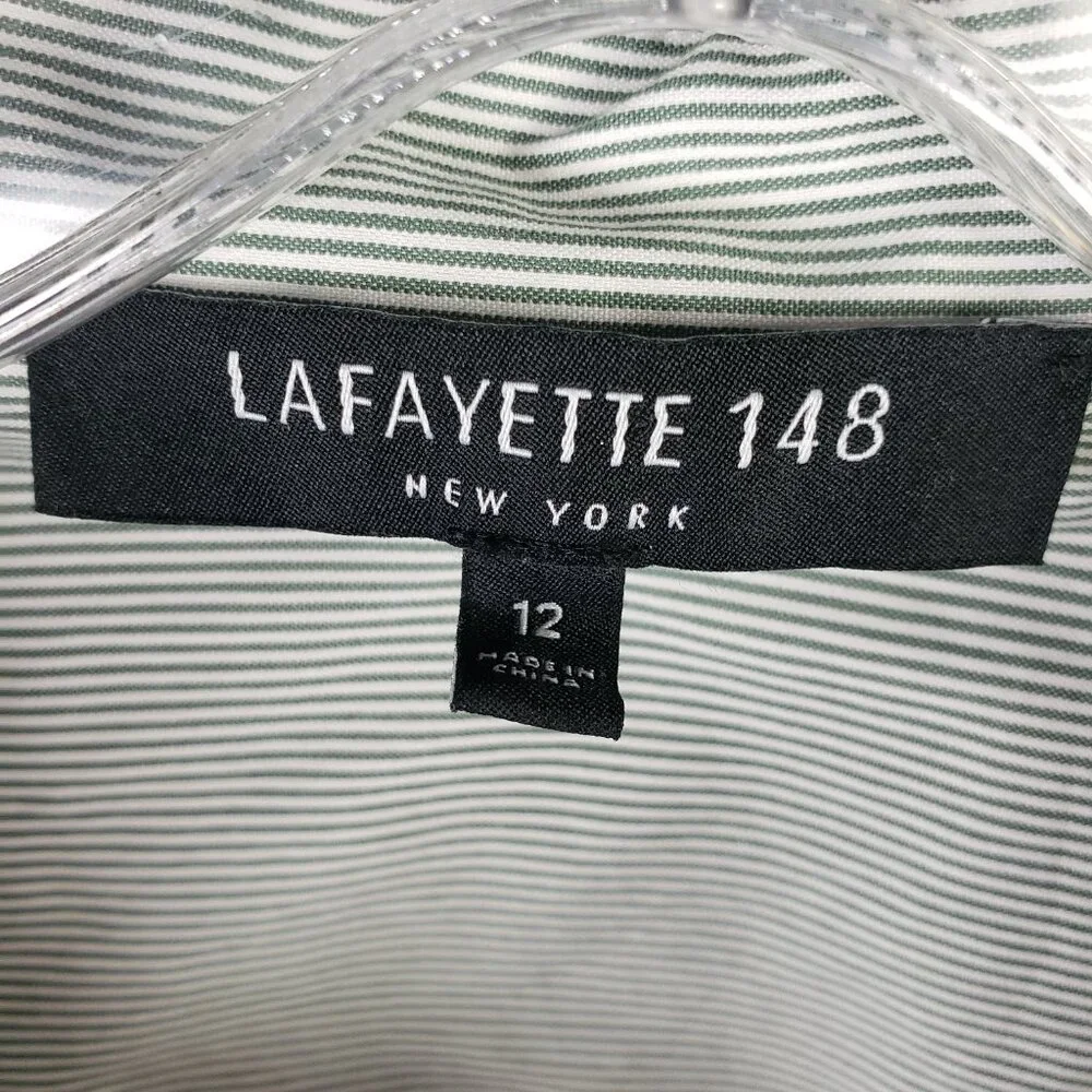 Lafayette 148 NY Striped Button Down Shirt Cotton Blend Stretch Green size 12 - Picture 3 of 12